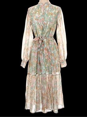 Spring & Mercer Watercolor Chiffon Sheer Midi Prarie Dress Gold Threads Pastel
